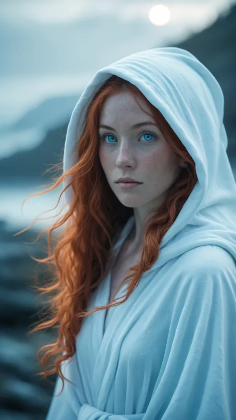 a beautiful a woman, mage, white hooded mage robes, long wavy red hair, glowing bioluminescent light blue eyes, polar landscape, headshot, flattering light, <lora:Bio-Luminescence:1>