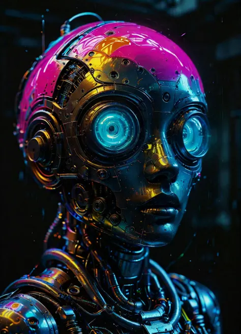 a close up of a robot with a pink head and a blue light