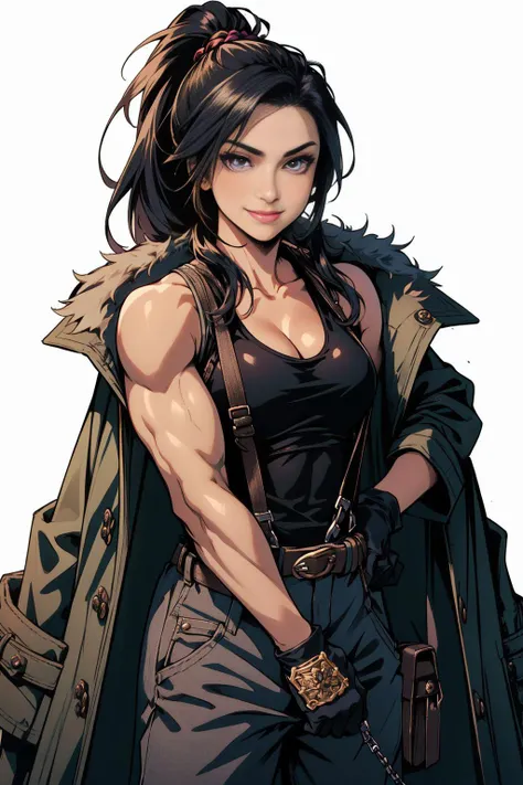 (masterpiece, best quality),  intricate details,
1girl,     maki oze, long hair, bangs, black hair, (purple eyes:1.1), (muscular female:1.3), muscular,, cleavage, gloves, hat, bare shoulders, collarbone, black gloves, pants, tank top, black tank top, cleav...