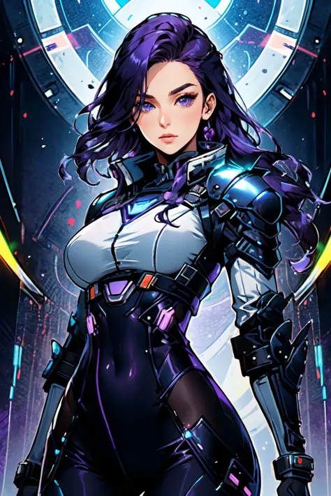 <lora:Margo Style:1> Margo Style, girl , beautiful, facing viewer, cowboy shot, large breasts, purple hair,
futuristic soldier, pilot helmet under arm, high tech body armor,