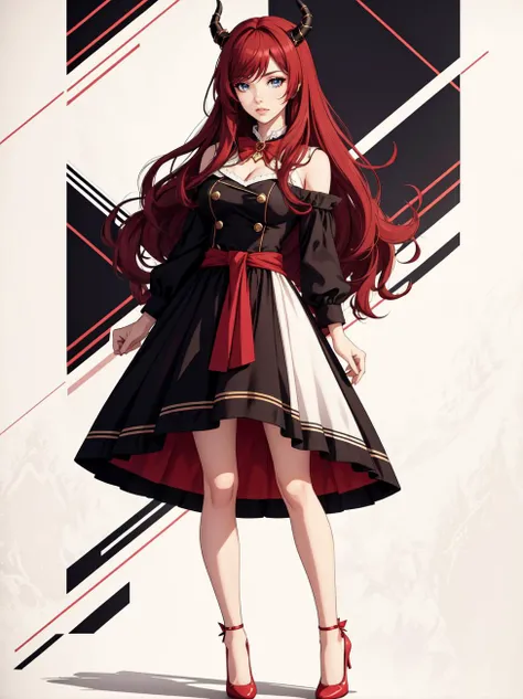 full body, highres, 8k, eyeliner, eyeshadow, makeup, Double-breasted dress, knee-length, nipped-in waist, block heel court shoes, statement brooch,  hud_hrnd_wg, red long hair wig, bangs, horns, <lora:hud_hrnd_wg:0.5>, abstract,