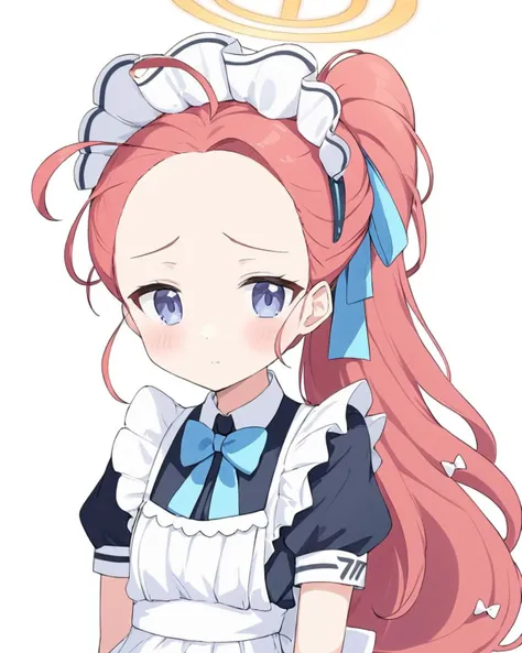 yuzu (maid) (blue archive),1girl, solo, halo, maid_headdress, white_background, simple_background, maid, looking_at_viewer, forehead, bow, ponytail, alternate_hairstyle, short_sleeves, blush, maid_apron, upper_body, hair_ribbon, ahoge, bag, alternate_costu...