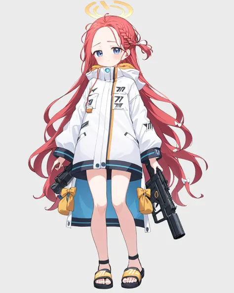 yuzu (blue archive),1girl, solo, halo, white_background, jacket, sandals, grenade_launcher, full_body, blush, looking_at_viewer, simple_background, forehead, braid, bare_legs, holding, standing, long_sleeves, gun, hair_bow
<lora:yuzu_(blue_archive)_image34...