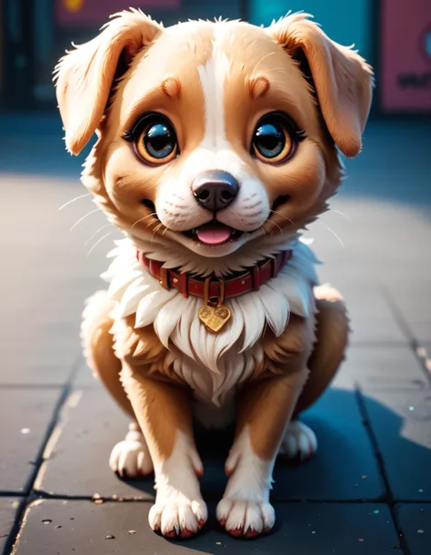 there is a small dog sitting on a tile floor with a collar