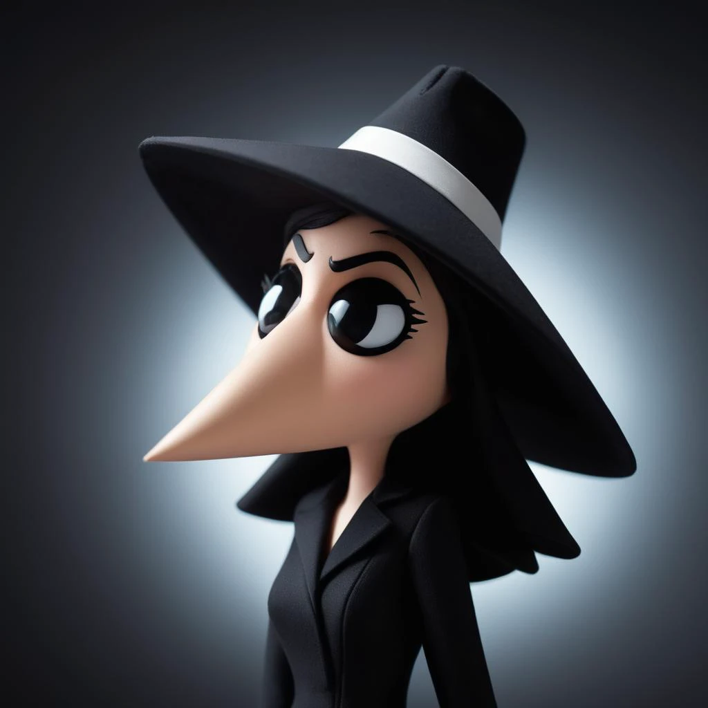 cinematic film still of  <lora:spy vs spy style v2:1>
a beaklike head black sclera cartoon of a female spy agent in a sexy black costume, spy vs spy style, shallow depth of field, vignette, highly detailed, high budget, bokeh, cinemascope, moody, epic, gor...