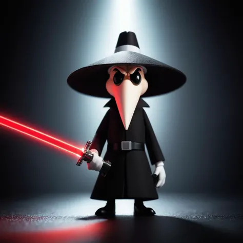 cinematic film still of  <lora:spy vs spy style v2:1>
a beaklike head cartoon of a spy agent in a black costume and red light saber, spy vs spy style, shallow depth of field, vignette, highly detailed, high budget, bokeh, cinemascope, moody, epic, gorgeous...