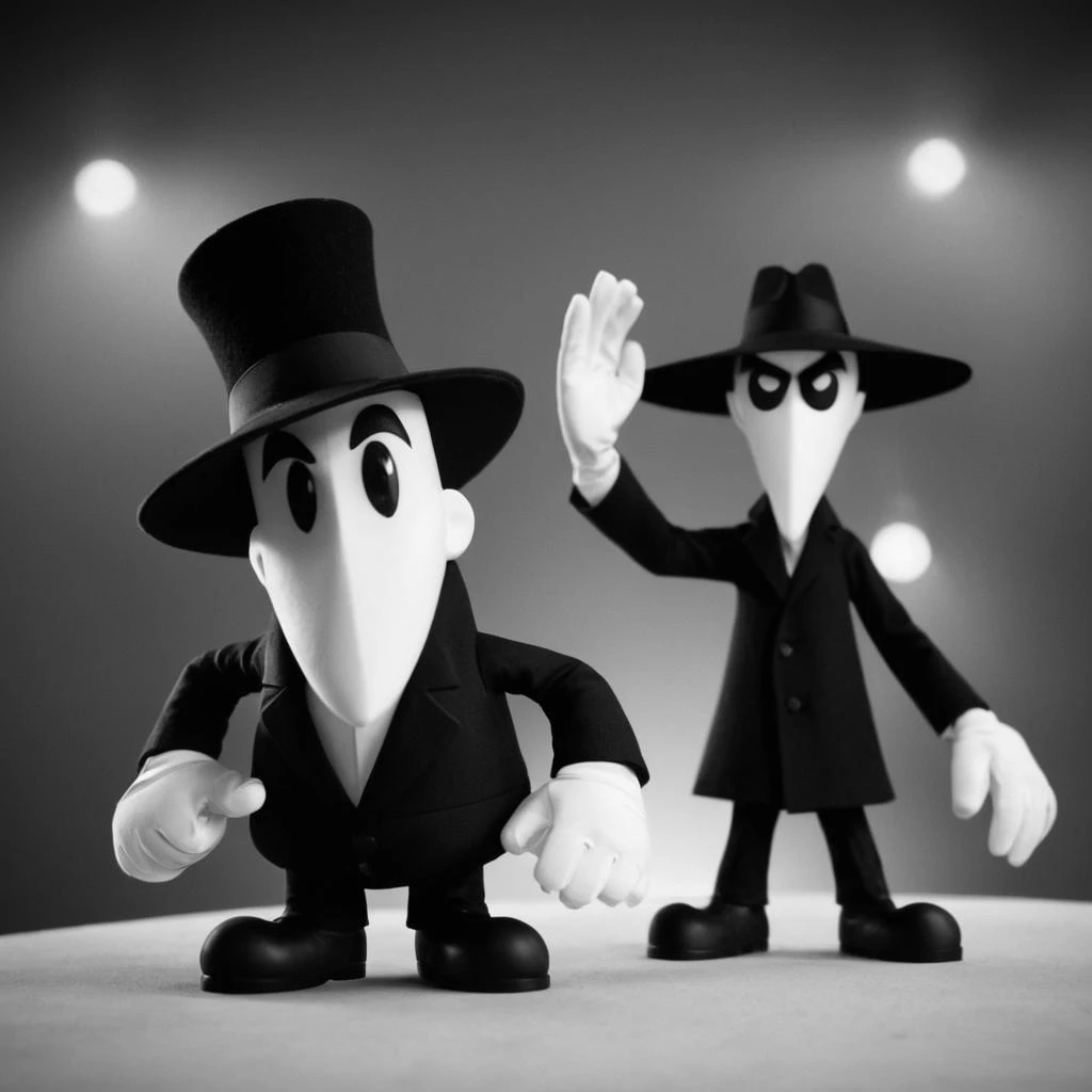 cinematic film still of  <lora:spy vs spy style:1>
black vs white a cartoon character in a hat and a top hat spy vs spy style,solo,gloves,1boy,hat,monochrome,greyscale,male focus,no humans,formal,top hat,television cartoon, anime, funny, shallow depth of f...