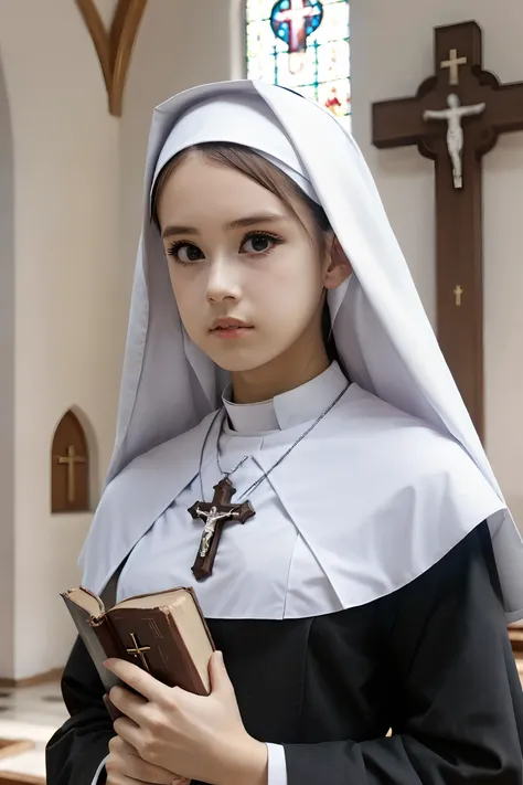 a close up of a woman in a nun costume holding a book