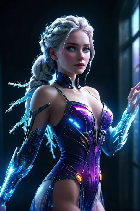 cyberpunk style, Photorealism cinematic photo neonpunk style retro cyberpunk (full-body portrait:1.6) of cyborg Elsa from frozen, Elsas (biomechanical ethereal intricate blue dress:1.3) with (glowing fiber optic detailes:1.5), (blue stiletto heels:1.3), sh...