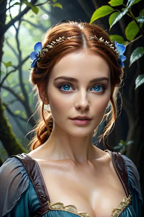 Dark Fantasy Art of photography by Ridley Scott BREAK beautiful (elven:0.7) woman, grey-blue eyes, auburn updo hairstyle, ((style-sylvamagic:0.8), portrait, solo, upper body, looking at viewer, detailed background, detailed face, fungal mage, stoic express...