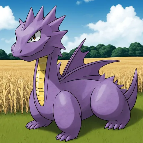 a close up of a purple dragon sitting in a field