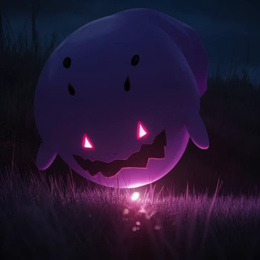 a close up of a purple balloon with glowing eyes in the grass