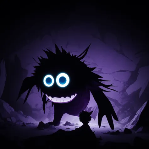 a dark picture of a cartoon monster with glowing eyes and a small boy