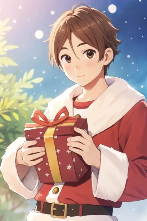 masterpiece, best quality, , 1boy, solo, male focus, looking at viewer, , depth of field, (watercolor illustration, soft pastel colors:1.1), realistic, <lora:mochizou_ooji:0.68>, mochizou_ooji, brown hair, brown eyes, santa claus costume, , High definition