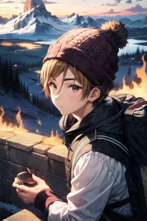 masterpiece, best quality, , 1boy, solo, male focus, looking at viewer, , , , , <lora:mochizou_ooji:0.74>, mochizou_ooji, brown hair, brown eyes, , beanie, The Mountain of Fire, 12k resolution