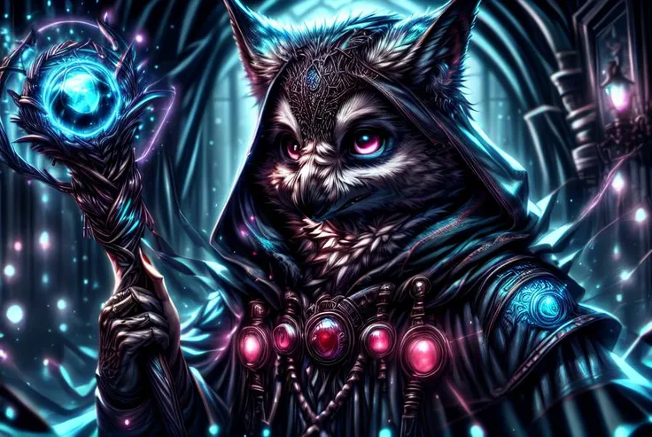 1 male owl, dark cyberpunk, mythology, and science-fiction, orbstaff, <lora:Furtastic_Detailer:0.8>, <lora:more_details:0.8>, <lora:CyberpunkStyleV3:0.7> PunkAI, Masterpiece realistic, best high quality, perfect details, intricate details, nice lighting, d...