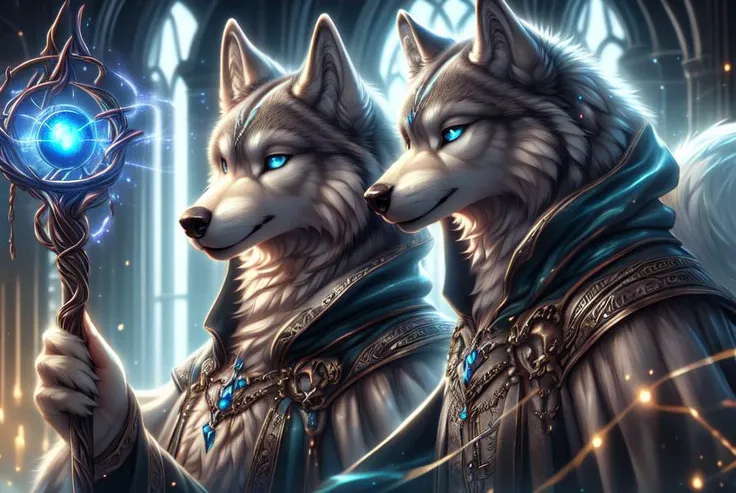 two wolfs with blue eyes holding a magic wand in their hands