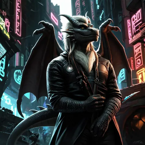 a close up of a person in a black coat with a dragon on his head