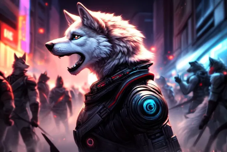 a close up of a wolf with a futuristic suit on