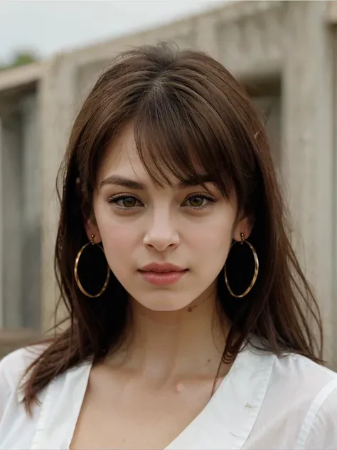 A beautiful kr1st1nk woman,1girl,solo,long hair,looking at viewer,bangs,brown hair,shirt,brown eyes,jewelry,white shirt,earrings,parted lips,lips,traditional media,black background,portrait,realistic,soft lighting, professional Photography, Photorealistic,...