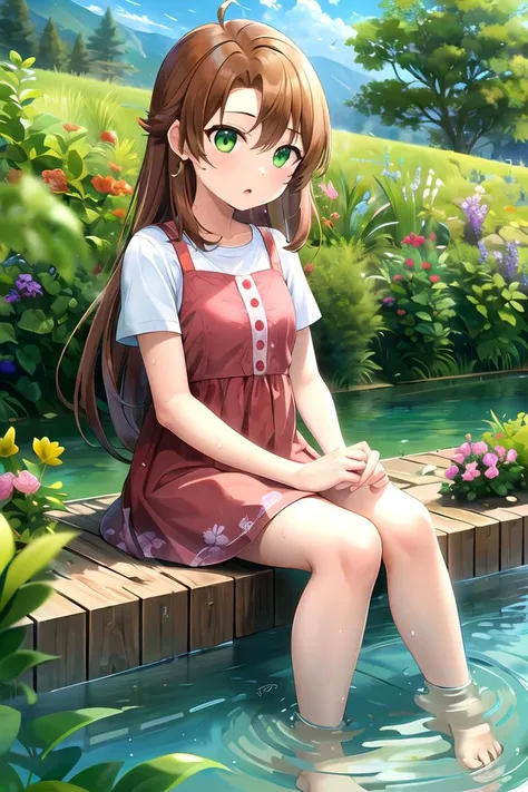 anime girl sitting on a dock in a pond with flowers