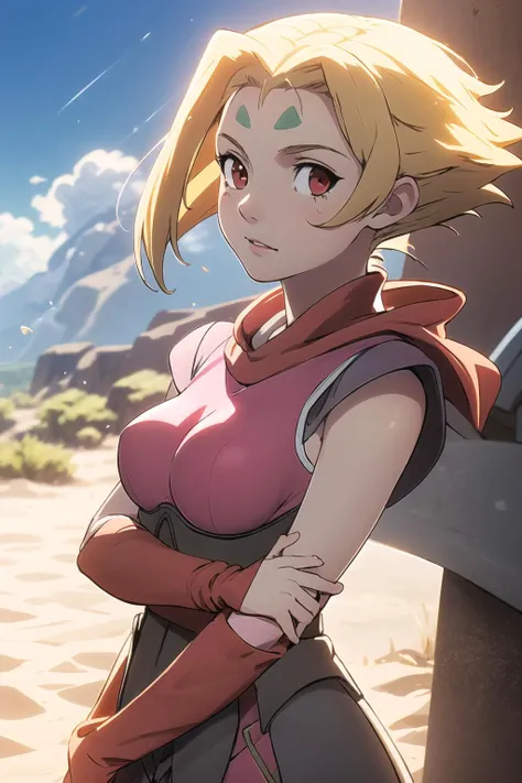 masterpiece, soft shadows, 1girl, fiona (zoids:1.10), pink dress, adult, medium breasts, red eyes, blonde hair, forehead mark, hero pose, wind blowing, beautiful, outside, sand, desert, sky, sun, lens flare <lora:FionaZoids:1>