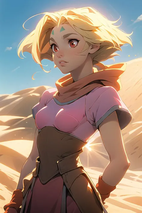 masterpiece, soft shadows, 1girl, fiona (zoids:1.10), pink dress, adult, medium breasts, red eyes, blonde hair, forehead mark, hero pose, wind blowing, beautiful, outside, sand, desert, sky, sun, lens flare <lora:FionaZoids:1>