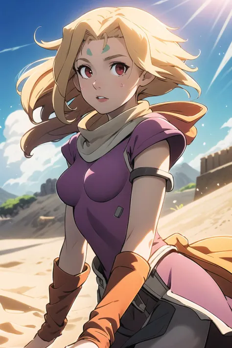 masterpiece, soft shadows, 1girl, fiona (zoids:1.10), pink dress, adult, medium breasts, red eyes, blonde hair, forehead mark, hero pose, wind blowing, beautiful, outside, sand, desert, sky, sun, lens flare <lora:FionaZoids:1>