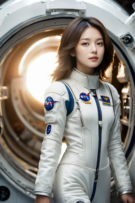 a woman in a white space suit standing in a tunnel