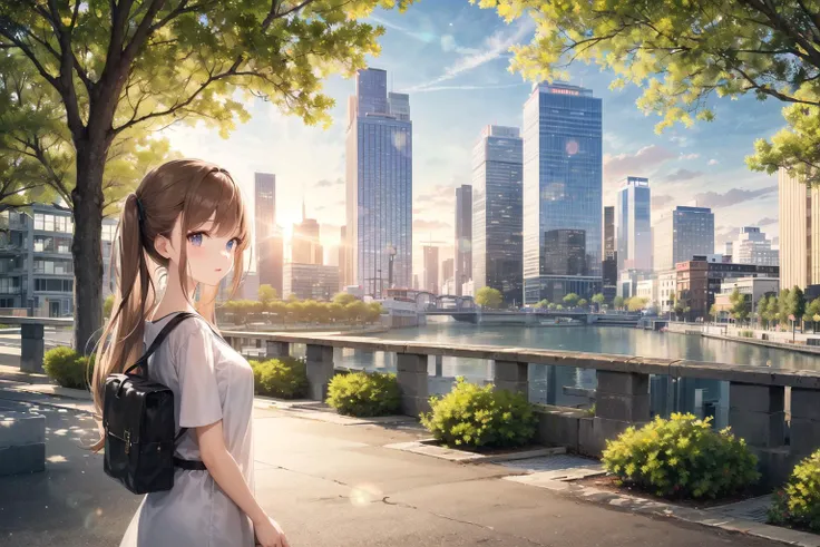 anime girl with backpack walking down a street in front of a city