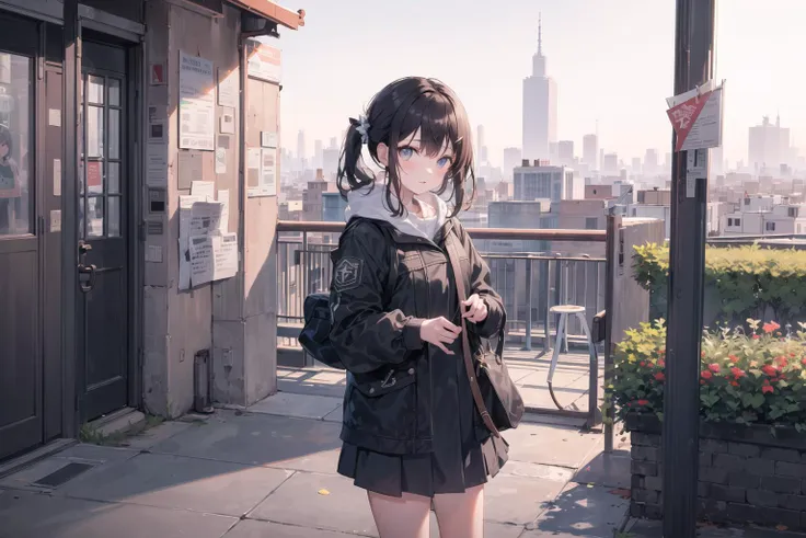 anime girl standing on a rooftop with a city in the background