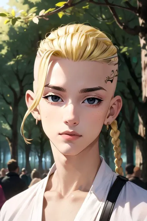 (best quality:1.1), (masterpiece:1.4), wallpaper, , upper body, depth of field, ligne claire, , 1boy, solo, male focus, <lora:ken_ryuuguuji:0.82>, ken_ryuuguuji, blonde hair, black eyes, single braid, , earrings, , , The Forest of Mirrors: A place where re...