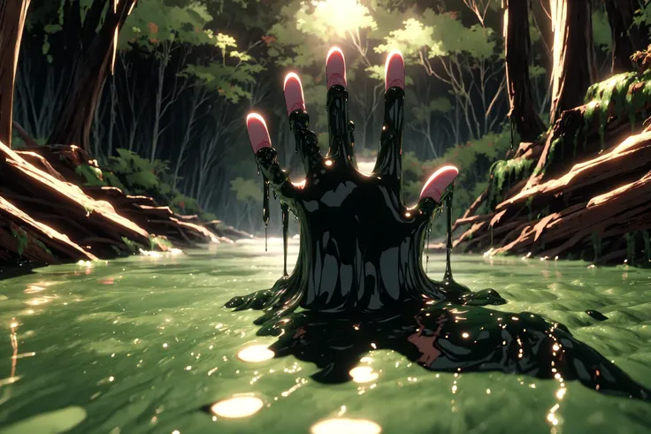 anime scene of a river with a hand in the water