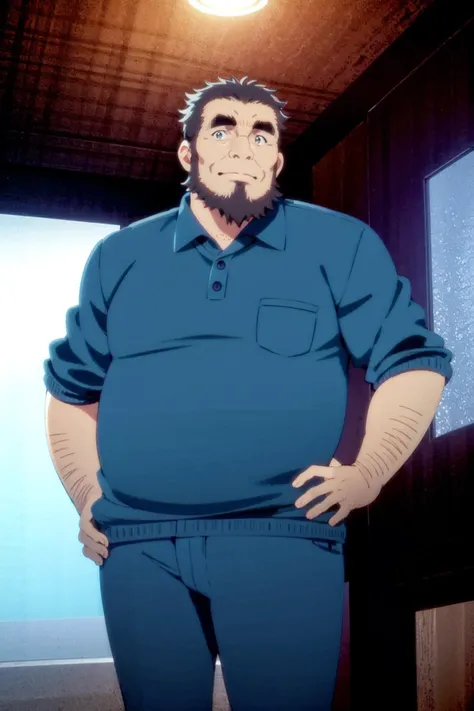 <lora:umiyan_lora4:0.8> best quality, (fat man:1), (worry:1.3), hand on hip, outdoors, BREAK masterpiece, aquarium, (old man:1), blue polo shirt, (brown hair:0.7), (arm hair:1), green eyes, beard, (sideburns:1), thick eyebrows