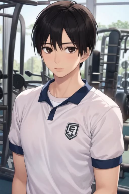 masterpiece, best quality, high quality, 1boy, solo, male focus, looking at viewer, upper body, <lora:shouta_kazehaya:0.68>, shouta_kazehaya, black hair, brown eyes, realistic, gym uniform