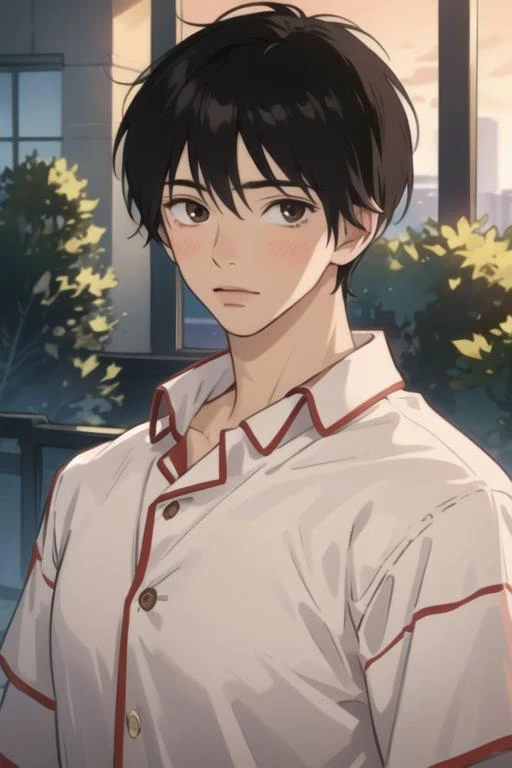 masterpiece, best quality, high quality, 1boy, solo, male focus, looking at viewer, upper body, <lora:shouta_kazehaya:0.78>, shouta_kazehaya, black hair, brown eyes, , pajamas