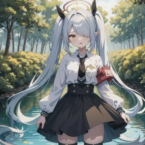 anime girl with long white hair and horns standing in water