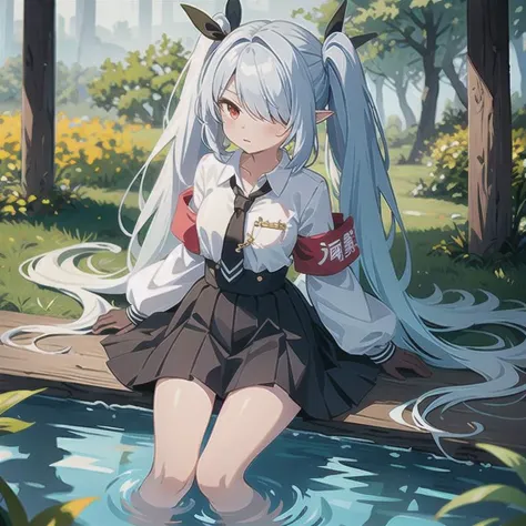 anime girl sitting on a wooden bridge in a pond