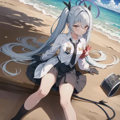 anime girl sitting on the beach with a cell phone