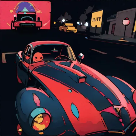 illustration of a red and blue car driving down a street