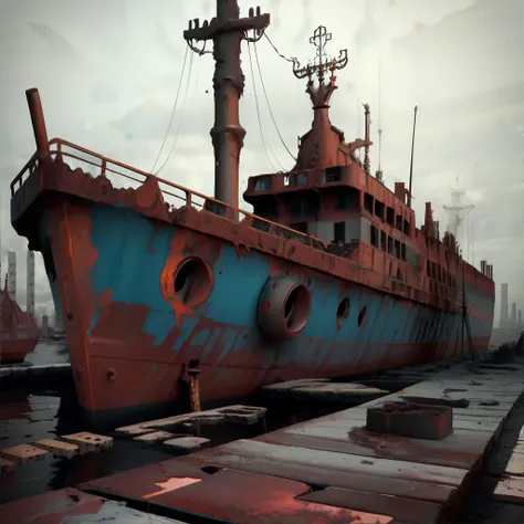 <lora:psychnoir:1.0>, psychedelic_noir, rusting shipyard, abandoned vessels, decaying docks, haunting stillness || masterpiece, perfect quality, sharp focus, shallow depth of field, 8k