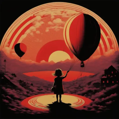 A little girl with a baloon playing, ended war behind, tanks, a big circular sun, <lora:Psychedelic_Noir__sdxl:1.0>