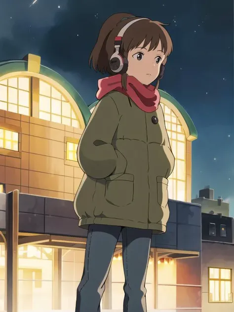 <lora:LofiGirlv2:.7>, 1girl, solo,brown_hair,ponytail,headphones,red scarf,green coat,jeans,outdoors,  night sky,  <lora:ghibli_style_offset:1> ghibli style