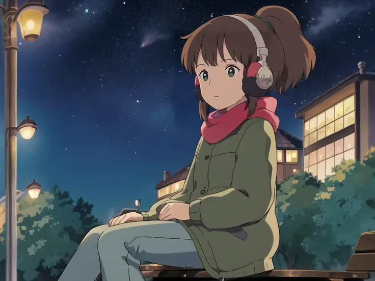 <lora:LofiGirlv2:.7>, 1girl, solo,sitting on a bench,,brown_hair,ponytail,headphones,red scarf,green coat,jeans,outdoors,  night sky,  <lora:ghibli_style_offset:1> ghibli style