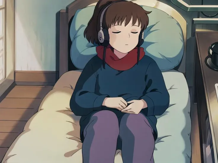 <lora:LofiGirlv2:.7>, 1girl, solo,sleeping,on back,in bed,brown_hair,ponytail,headphones,red scarf,green pajamas up,blue pajamas pant, <lora:ghibli_style_offset:1> ghibli style