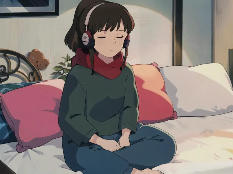 <lora:LofiGirlv2:.7>, 1girl, solo,sleeping,in bed,brown_hair,ponytail,headphones,red scarf,green pajamas up,blue pajamas pant, <lora:ghibli_style_offset:1> ghibli style