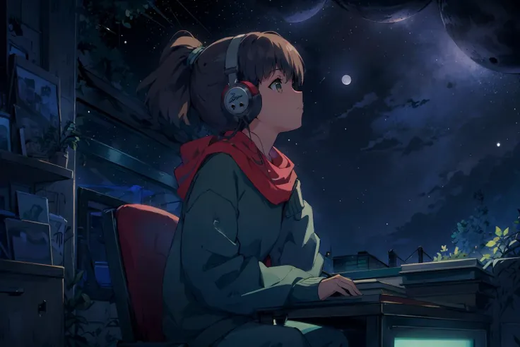 masterpiece, best quality,  <lora:LofiGirlv2:0.8> 1girl, solo, brown_hair,ponytail,headphones,green sweater,blue pants,red scarf, night, muted colors, monochrome, sitting, desk, chair, looking up, night sky, abstract background, moon