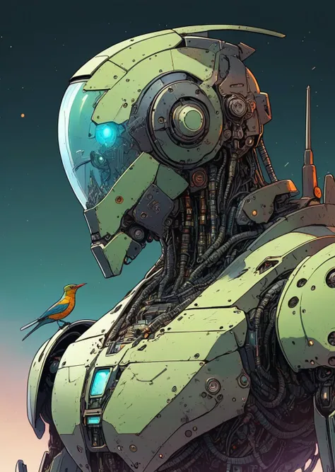 high-quality 4k hd flat-color  drawing by  moebius 
close up 
a giant robot looking at a bird stopped on its hand , (glass transparent helmet ),
the robot is aged with moss on its rusty armor,
night, moonlight
shadows, dramatic lighting , gradient
    pop ...