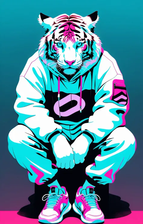 hip-hop theme, medium shot of a white tiger wearing an oversized baggy tracksuit, Conrad Roset, pop surrealism, synthwave style <lora:Graphic_Portrait:0.75>