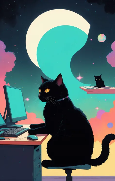 a cute black cat sitting at his desk working hard on his vintage computer to generate more images of anime girls with big boobs, Conrad Roset, digital painting, space art, pop art <lora:Graphic_Portrait:0.75>